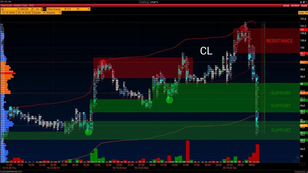 CL DEC26 (NYMEX), H1: support at 94.9–95.9 and resistance at 99.7–101; 12–20 October 2026